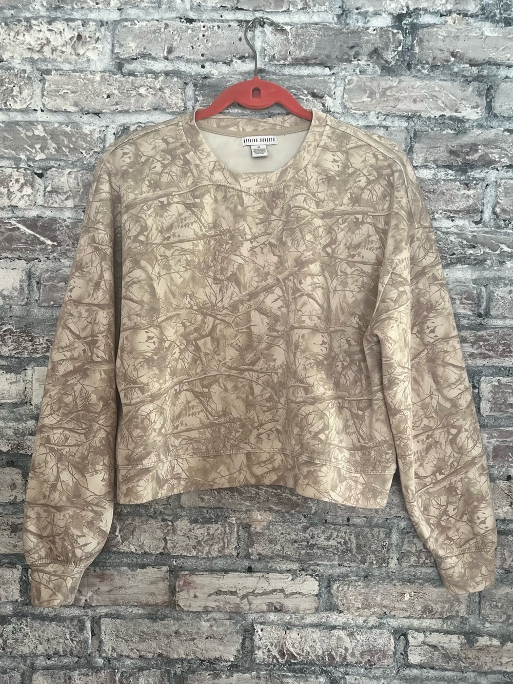 Seeking Sunsets Tan and Cream Camouflage-Style Crewneck NWOT the feel is dreamy